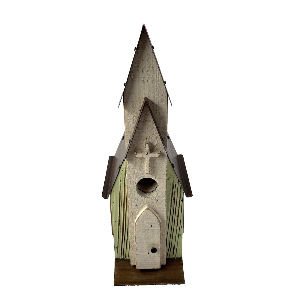 Distressed Church Bird House Sanctuary Wood Cross Metal Roof Cottage Farm Boho